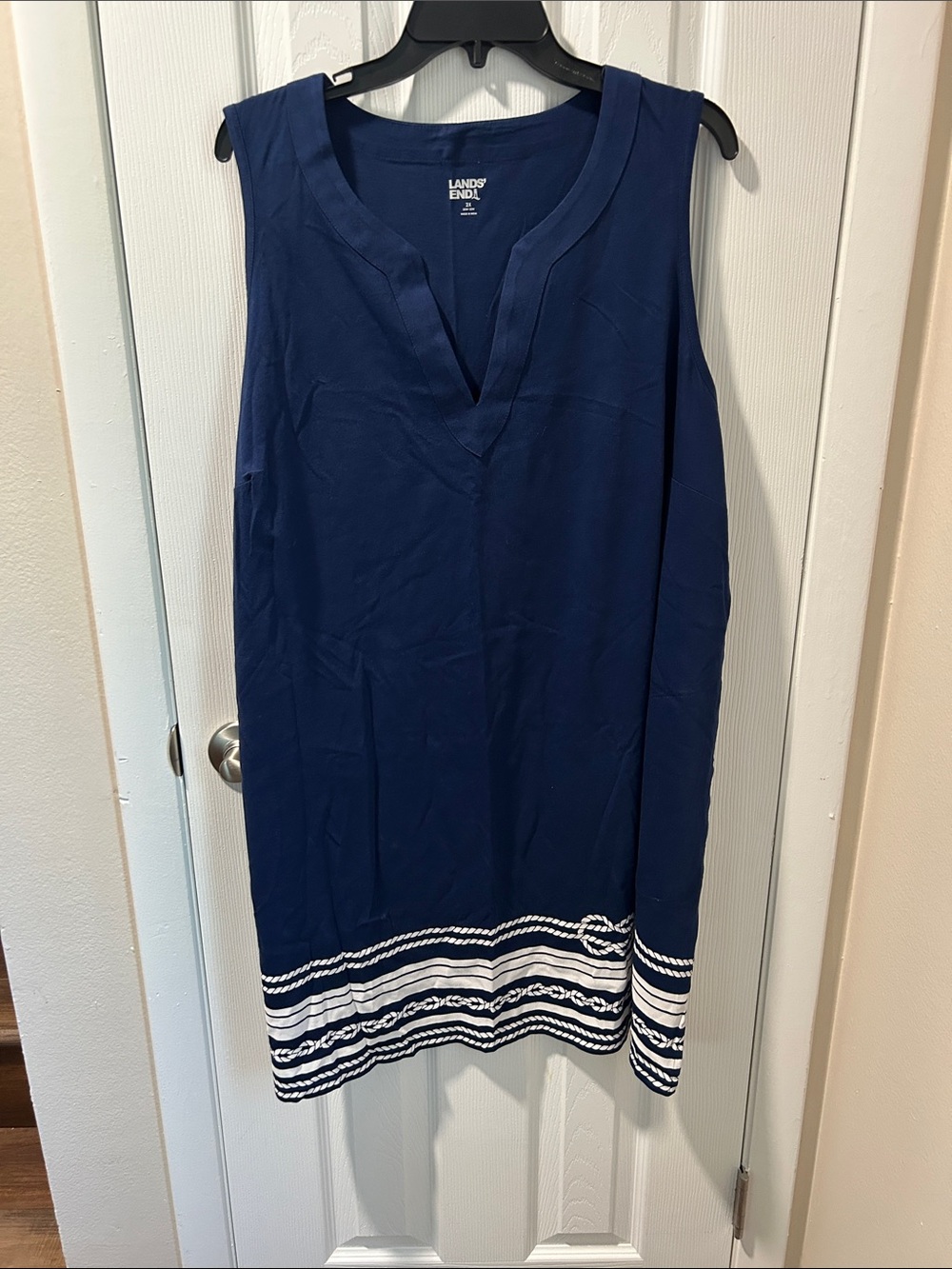 Lands' End Navy Sleeveless Swim cover up with White Hem Detail